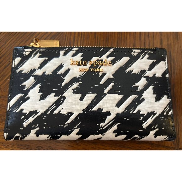 New Kate Spade Houndstooth Small Slim Bifold Wallet Black/White Leather - Picture 1 of 3